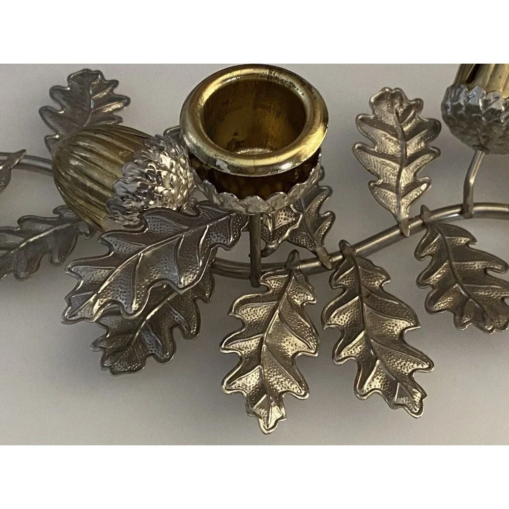 Silver‎ & Gold Tone Horizontal Candlestick Stick Holder Leaf w Hazelnut Design